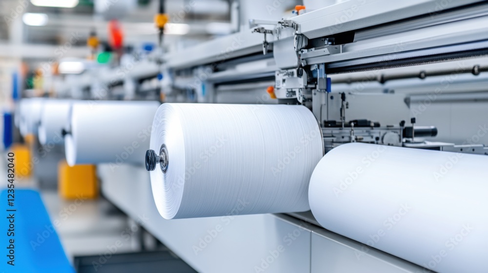 Poster advanced printing technology with large rolls of paper on production machine in modern printing faci