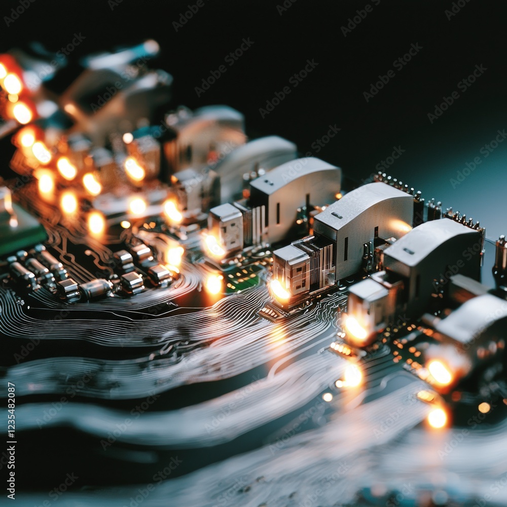 Poster futuristic circuit board technology ai innovation digital network data glow electr