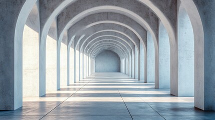Fototapeta premium Architectural perspective of arched concrete corridor with sunlight and shadows creating depth and leading the eye