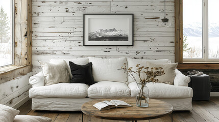 Minimalist Living Room: A minimalist living room interior design concept featuring a white sofa with black and cream pillows, a wooden coffee table, and a framed photo of a scenic landscape.