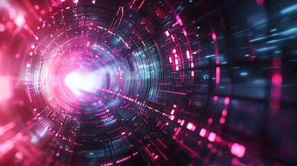 A futuristic, digital tunnel with bright, glowing pink and blue lights.