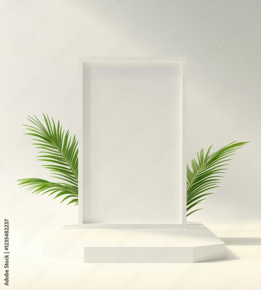 Poster a minimalistic display featuring a blank rectangular frame and lush green palm leaves, set against a
