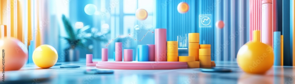 Poster a colorful, stylized 3d illustration featuring geometric shapes and bar graphs, suggesting themes of