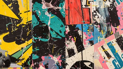 Obraz premium A retro-inspired abstract collage with comic book elements, neon colors, and fragmented imagery. 