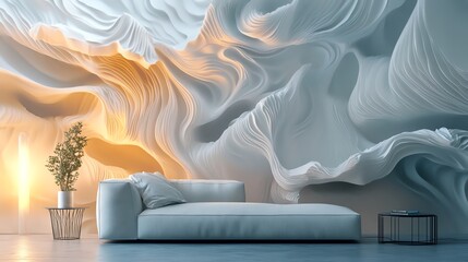 Elegant Modern Living Room With Unique Textured Wall Art and Minimalist Furniture in Soft Colors