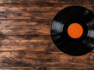 Obraz premium Black vinyl record on dark brown wooden surface