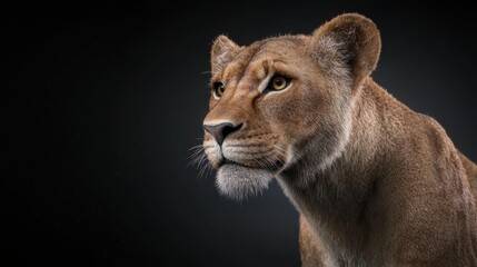Closeup of a lioness looking to the left against a black background