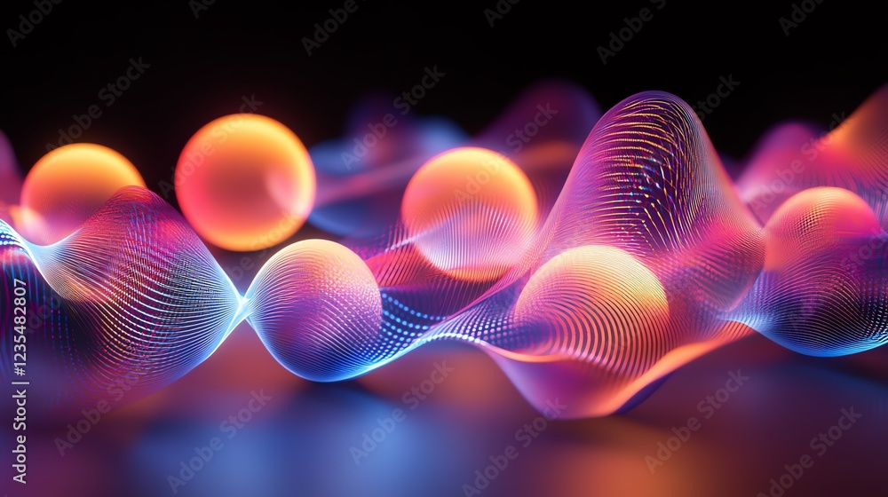Poster colorful spheres and wave patterns create a mesmerizing digital art composition with vibrant light e