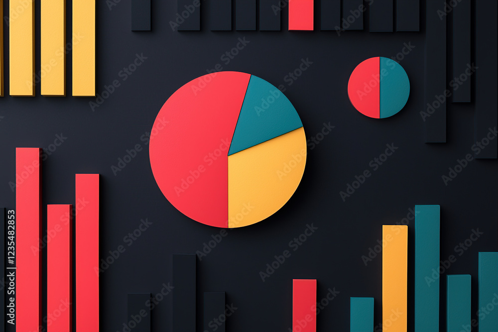 Poster colorful pie and bar charts on dark background, showcasing vibrant data visualization. image feature