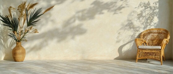 Boho Room Interior  Beige Wall Mockup  Wicker Chair  Dried Flowers