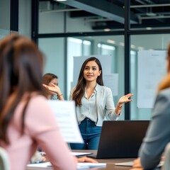 Obraz premium Una mujer hispana trabaja en una oficina. Es una mujer muy atractiva. Esta mujer presenta su proyecto delante de sus compañeros.