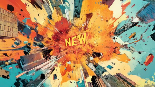 Abstract explosion graphic with "NEW" text, depicting urban cityscape disintegration. - Powered by Adobe
