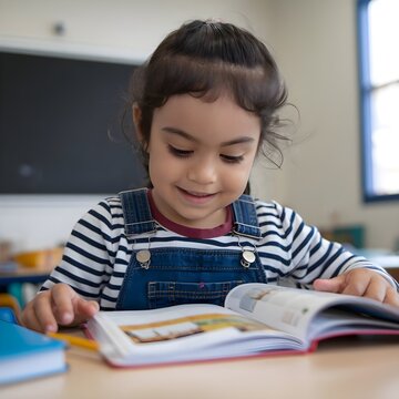 Un ni&ntilde;o hispano est&aacute; estudiando y mirando un libro en el aula. Ella sonr&iacute;e mientras mira el libro. Lleva un mono.