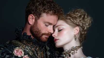 Closeup of a couple in period costume embracing