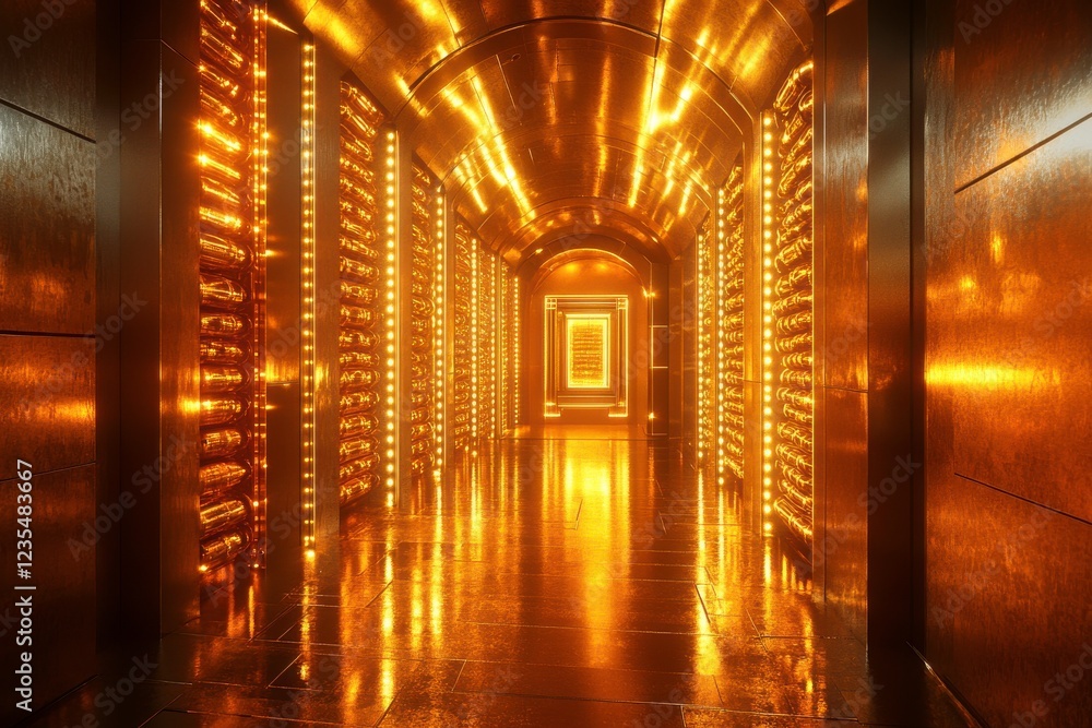 Aufkleber a mesmerizing corridor illuminated by golden lights, creating a warm and inviting atmosphere.