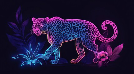 Fototapeta premium Neon Jaguar Walking Jungle Night; Decor