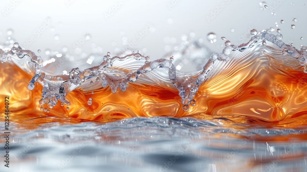 Poster dynamic orange liquid splashing with reflections and droplets