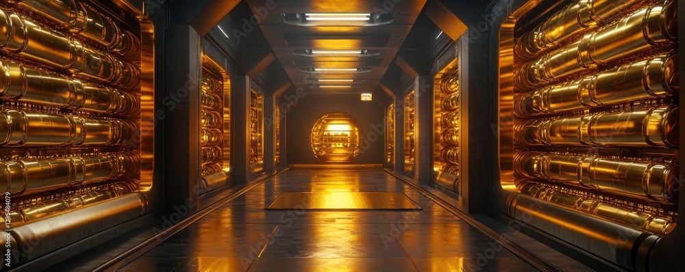 Poster a futuristic corridor illuminated by golden light, lined with high-tech storage units, creating a sc