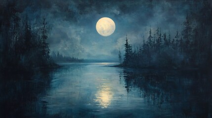 Serene moonlit lake scene peaceful night dark blue hues soft light reflects water. AI Generated