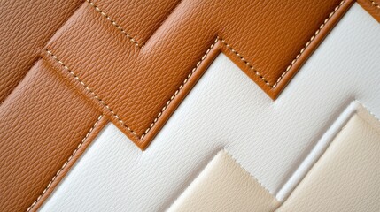 Fototapeta premium Textured Leather Patterns in Warm Tones with Intricate Stitching and Zigzag Design Aesthetic for Fashion or Interior Use