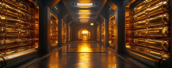 A futuristic corridor illuminated by golden light, lined with high-tech storage units, creating a sci-fi atmosphere.