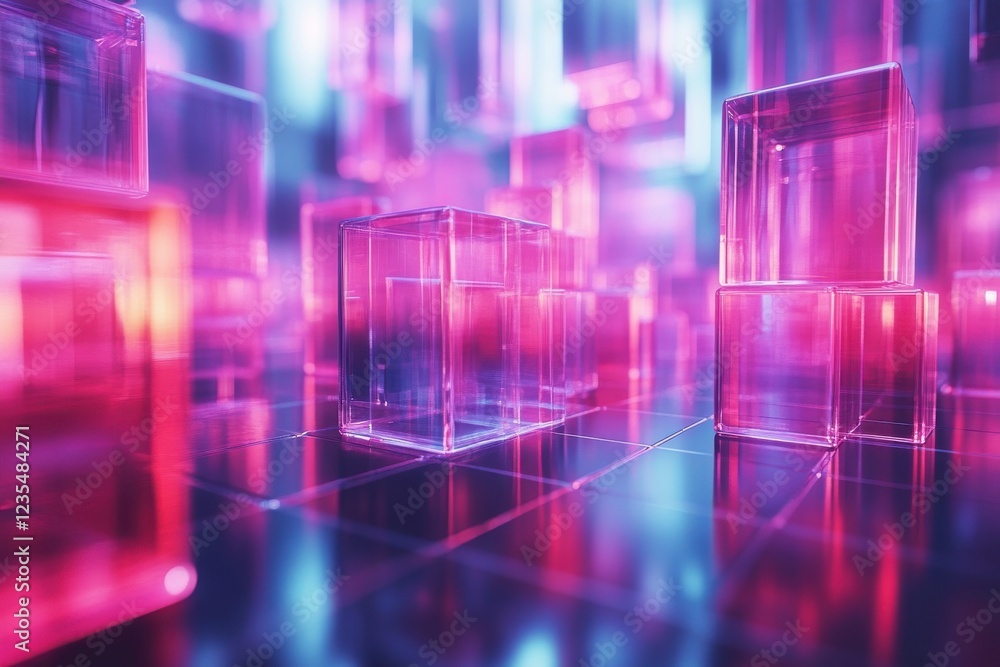 Poster a colorful array of glowing, translucent cubes in a futuristic setting, creating a vibrant and dynam