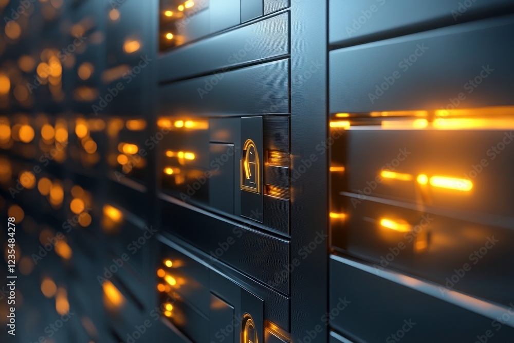 Poster a futuristic server room with illuminated components, showcasing rows of data storage units against 