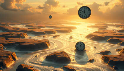 A surreal landscape where rivers of light and shadow intertwine, symbolizing the passage of time, with floating clocks melting into the horizon
