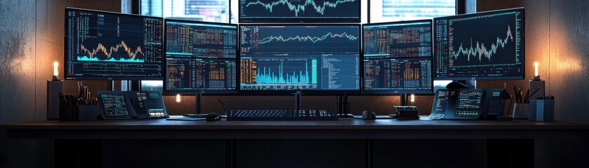 A modern trading desk featuring multiple screens displaying financial data and market trends, illuminated in a dimly lit environment.
