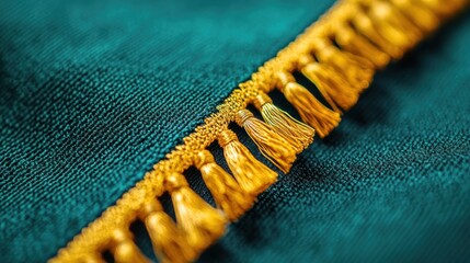 Close-up of teal fabric with gold tassel trim.
