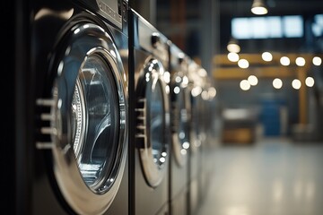 Modern industrial washing machines in a stylish laundromat with a sleek interior, ideal for laundry services, commercial cleaning, and industrial appliance imagery