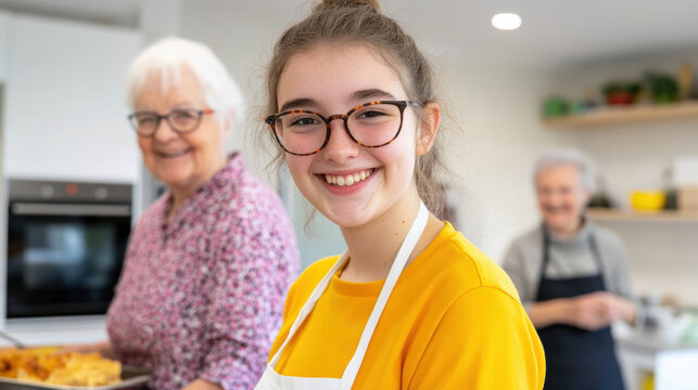 teenager volunteers with seniors at community center, sharing joy and laughter while cooking together