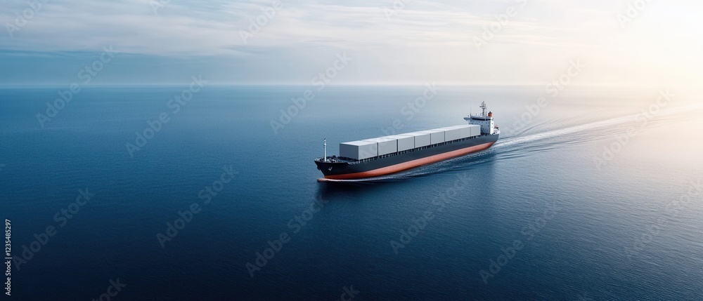Poster aerial view of container ship navigating calm waters in open sea with clear sky background