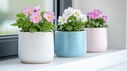 Fototapeta premium Colorful potted flowers on windowsill, bright home decor, spring