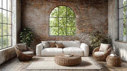 Industrial Chic Living Room: A modern living space features a cozy off-white sofa and wicker armchairs arranged around a woven coffee table.