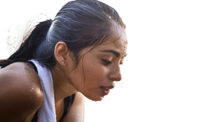 Young East Asian Indian woman tired after practicing exercise try to recover. hard run workout. sweaty. success fit sports. Use a towel to dry the sweat. Transparent background. png