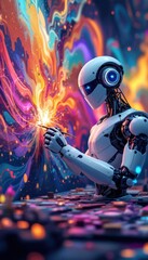 Futuristic robot painting vibrant abstract art with neon colors and creative expression