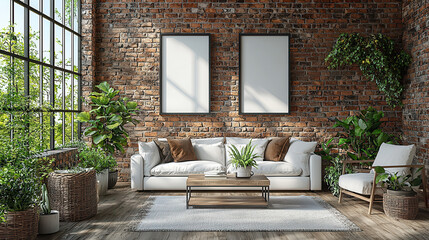 Modern Living Room Mockup: A bright and airy living room boasts an exposed brick wall, large windows, and a comfortable white sofa.