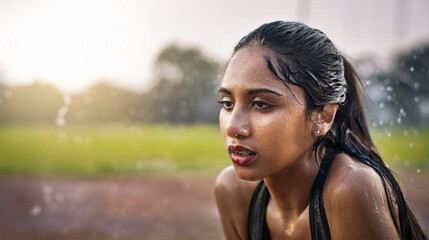 Young East Asian Indian woman tired after practicing exercise try to recover. hard run workout. sweaty. success fit sports. 