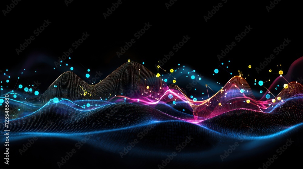 Poster abstract colorful particle waves on black background