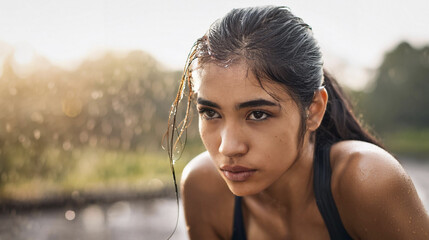 Young East Asian Indian woman tired after practicing exercise try to recover. hard run workout. sweaty. success fit sports. 