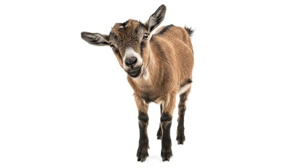 Fototapeta premium Adorable Brown Goat Kid Curious Expression Farm Animal Portrait Isolated White Background