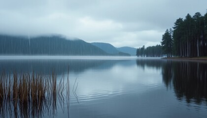 Fototapeta premium Rainy Day at Mountain Lake: Serene Landscape with Fog and Reflections
