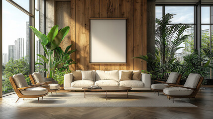 Modern Living Room Mockup: A stylish living room features a beige sofa, armchairs, a coffee table.