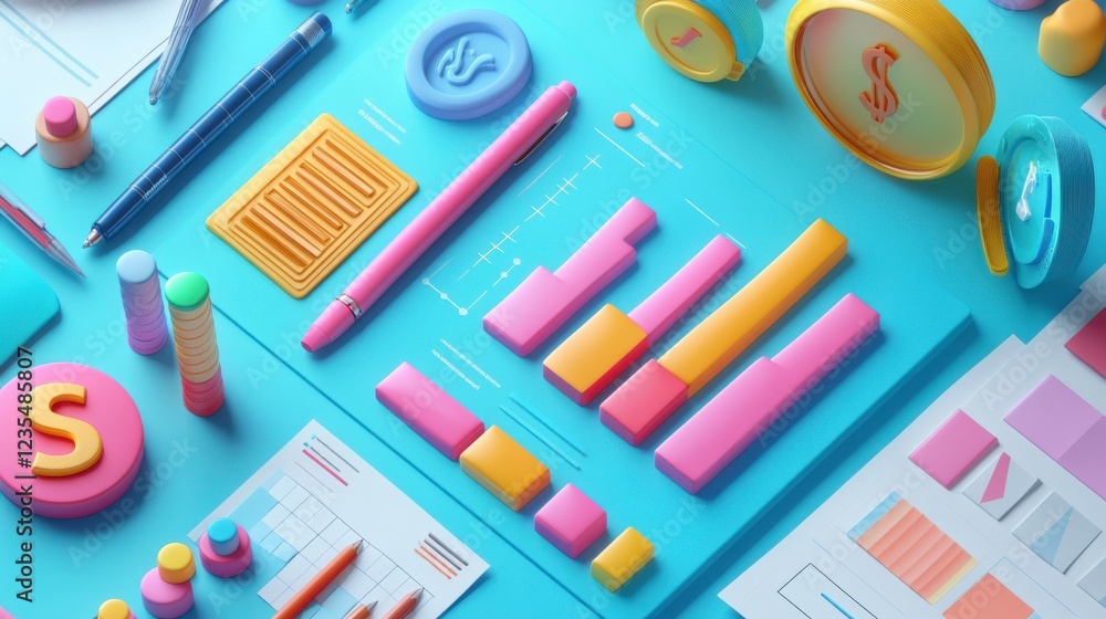 Poster a vibrant workspace display featuring colorful stationery and visual data representations, ideal for