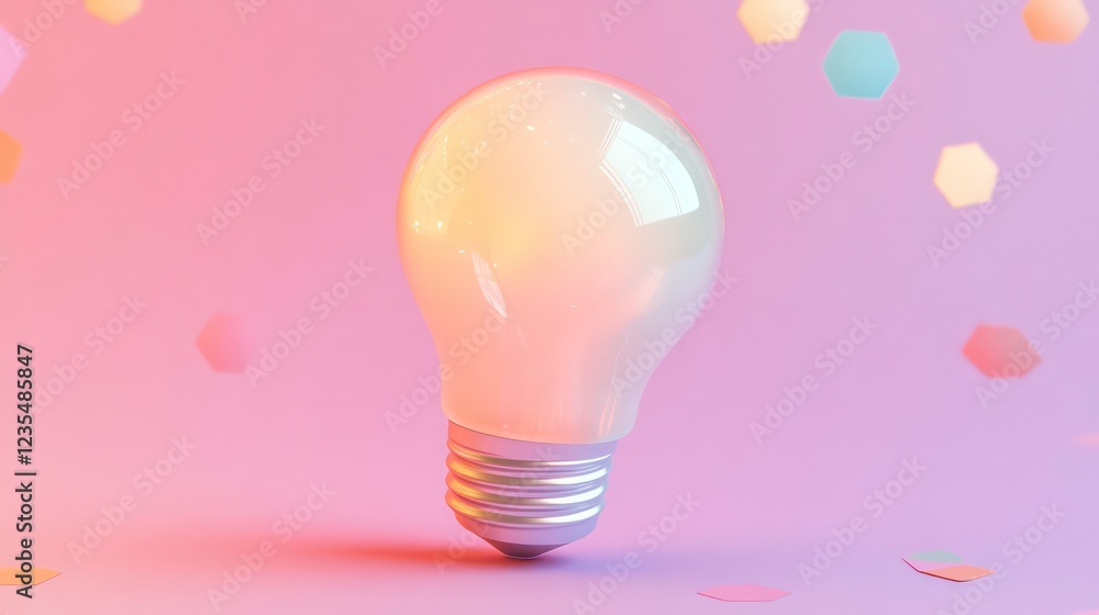 Poster glowing lightbulb on pink background with confetti.