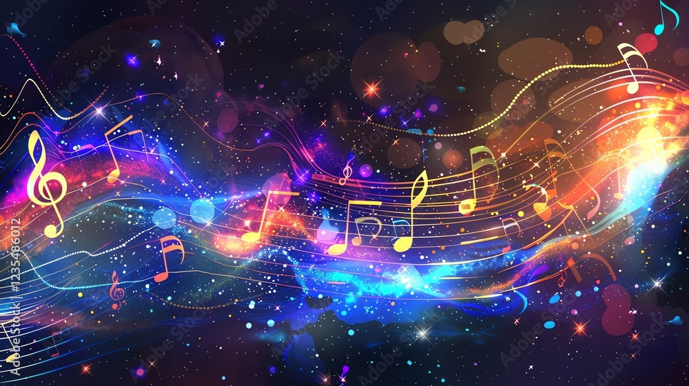 Canvas Prints a starry night sky with music notes floating on wavy lines of light.