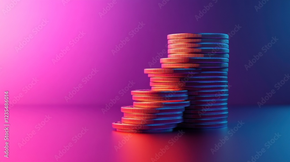 Poster a vibrant stack of coins arranged in ascending order, illuminated by colorful lighting, creating a m