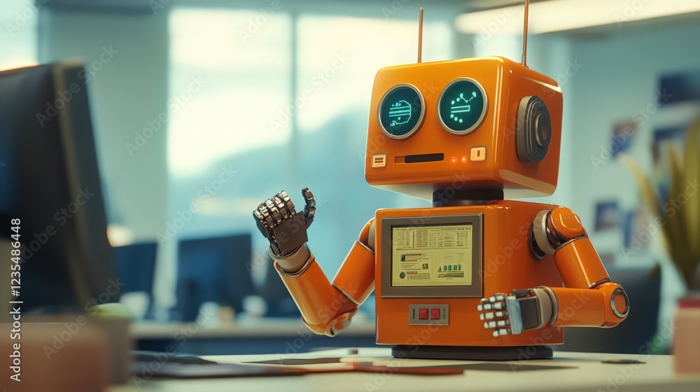 Poster an orange robot with a screen is working in the office with two screens in the head
