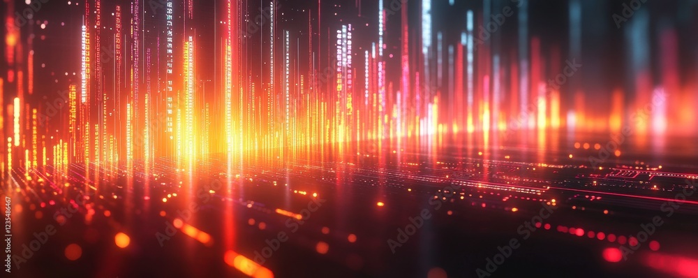 Poster a vibrant digital visualization of colorful light beams and patterns, representing data flow and tec